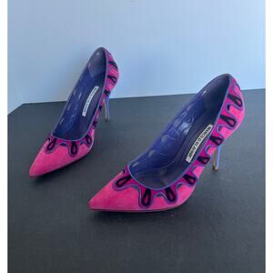 Manolo Blahnik Kailasus Pink Purple Black Suede Slip On High‎ Heel Pump Shoes 6